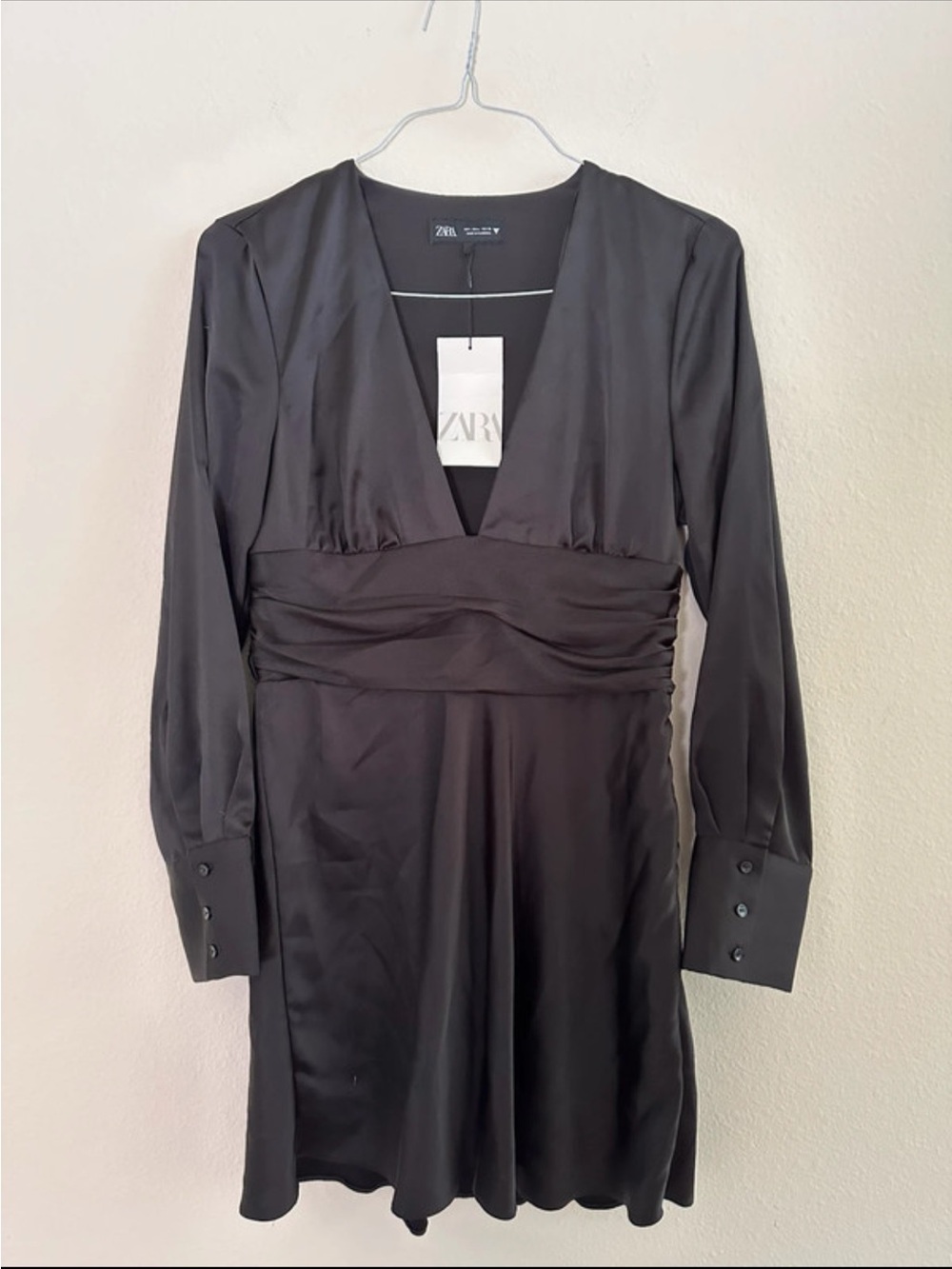 Zara Black Long-Sleeve Satin V-Neck Dress